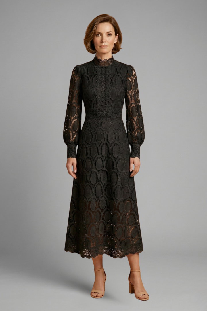 Women’s Midi Dress with Lace Detailing and Fitted Waist