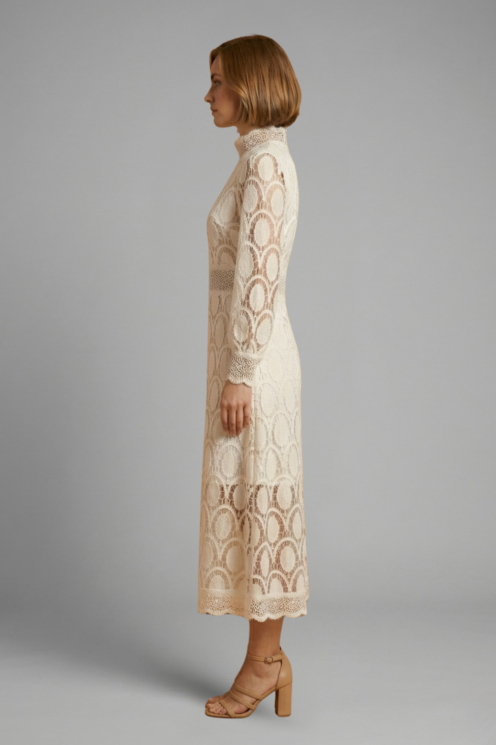 Women’s Midi Dress with Lace Detailing and Fitted Waist