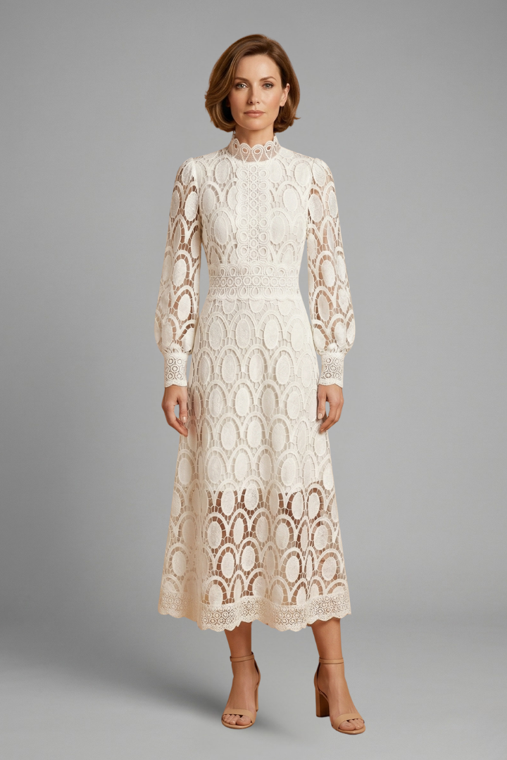 Women’s Midi Dress with Lace Detailing and Fitted Waist