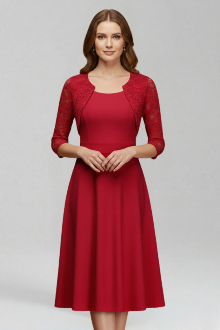 Women’s Midi Dress with Round Neckline and Lace Sleeves