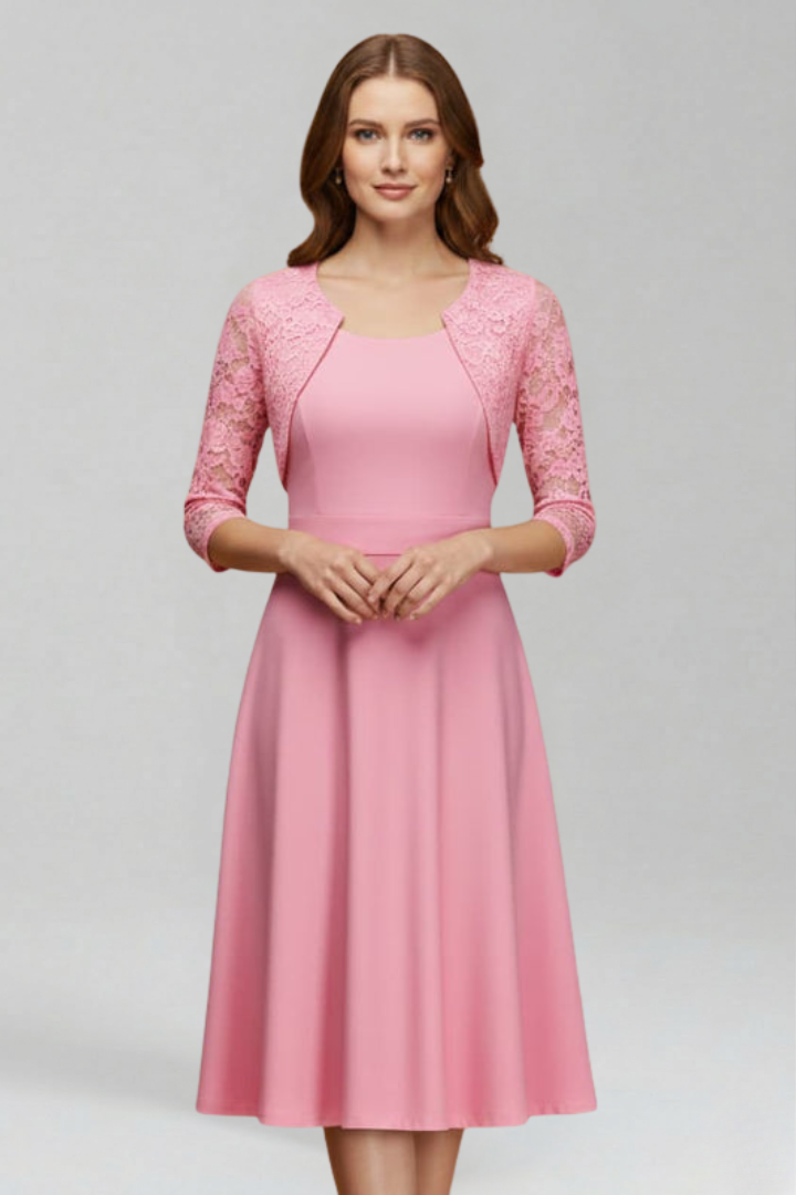 Women’s Midi Dress with Round Neckline and Lace Sleeves