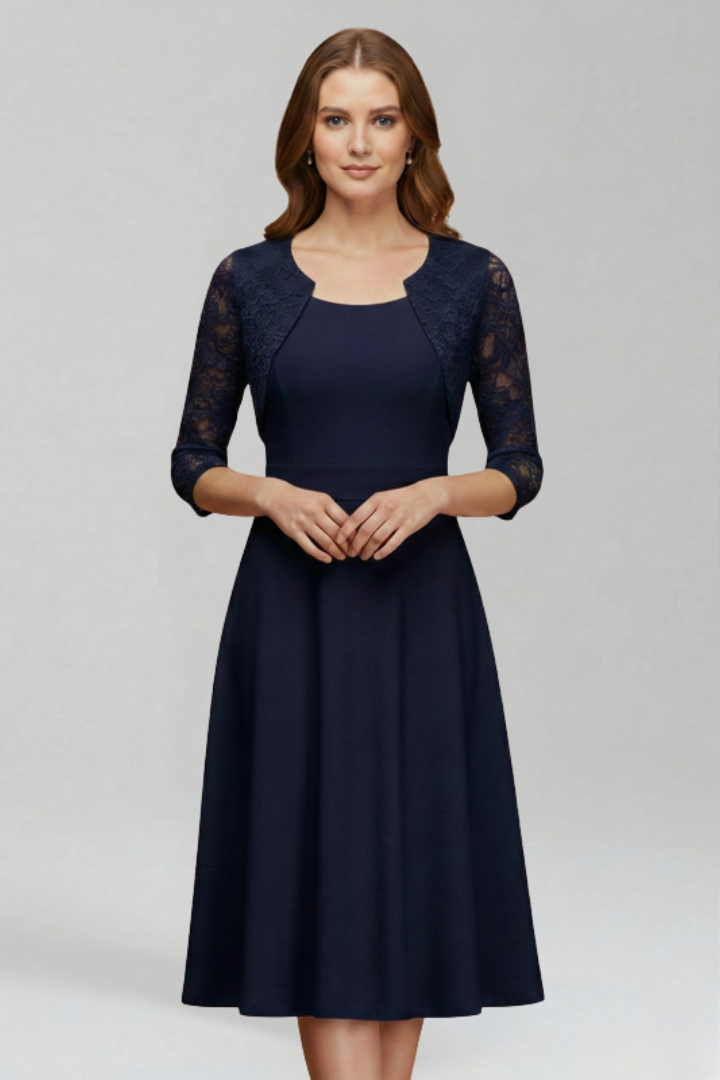 Women’s Midi Dress with Round Neckline and Lace Sleeves