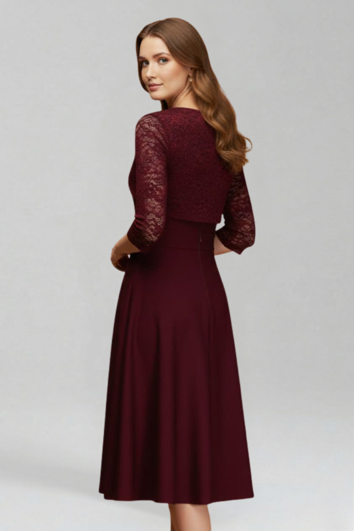 Women’s Midi Dress with Round Neckline and Lace Sleeves