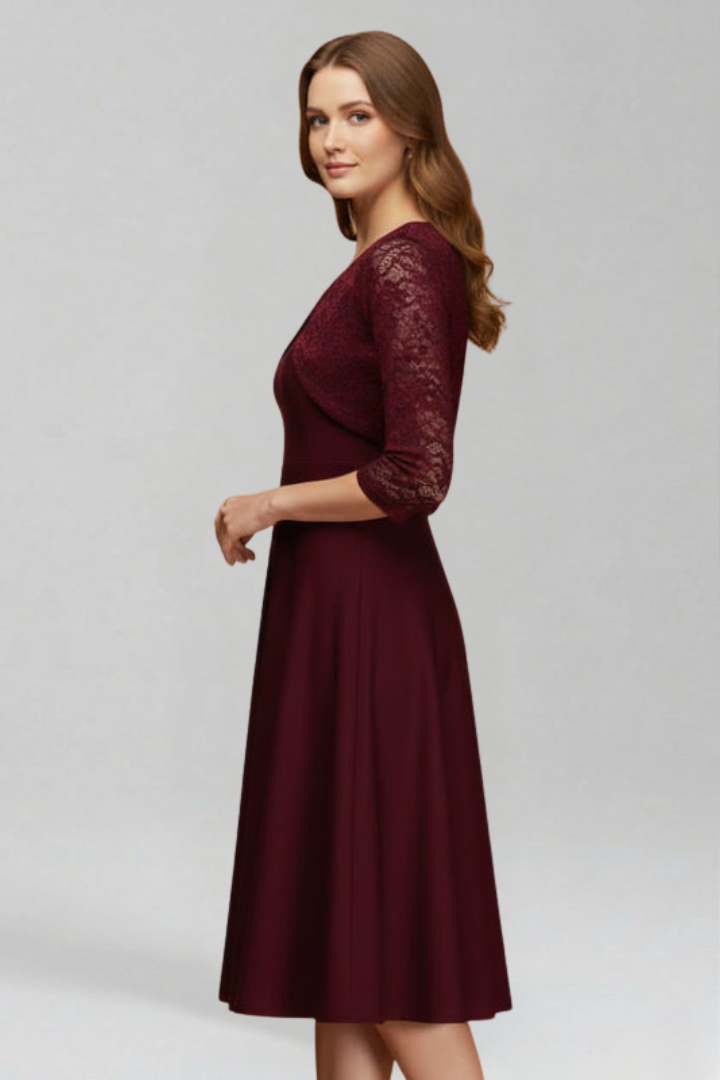 Women’s Midi Dress with Round Neckline and Lace Sleeves
