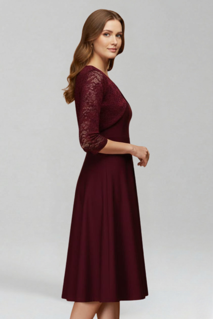 Women’s Midi Dress with Round Neckline and Lace Sleeves