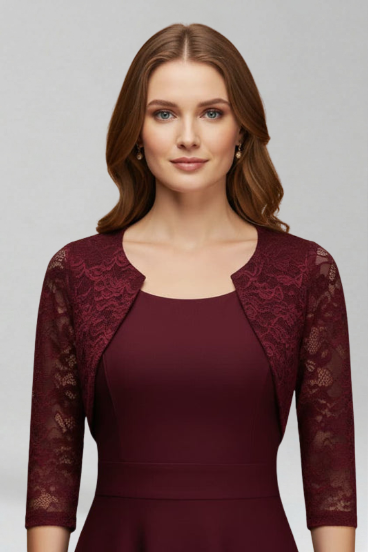 Women’s Midi Dress with Round Neckline and Lace Sleeves