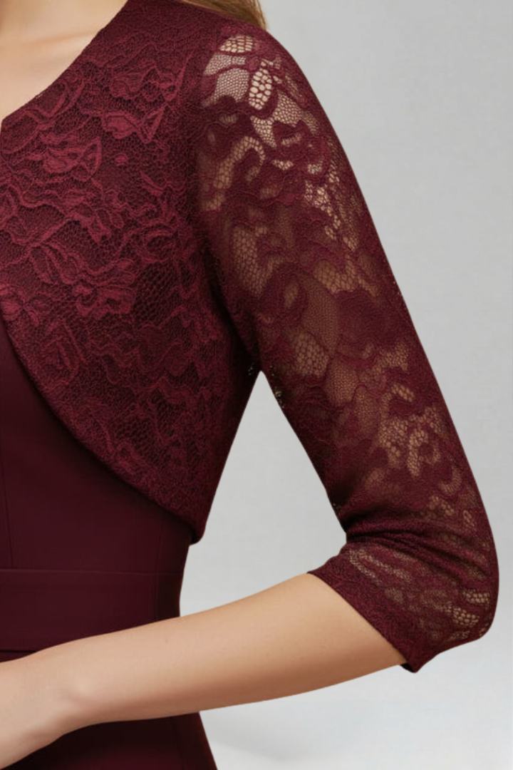 Women’s Midi Dress with Round Neckline and Lace Sleeves