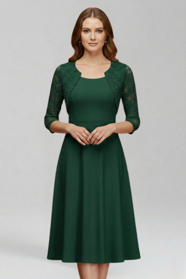 Women’s Midi Dress with Round Neckline and Lace Sleeves