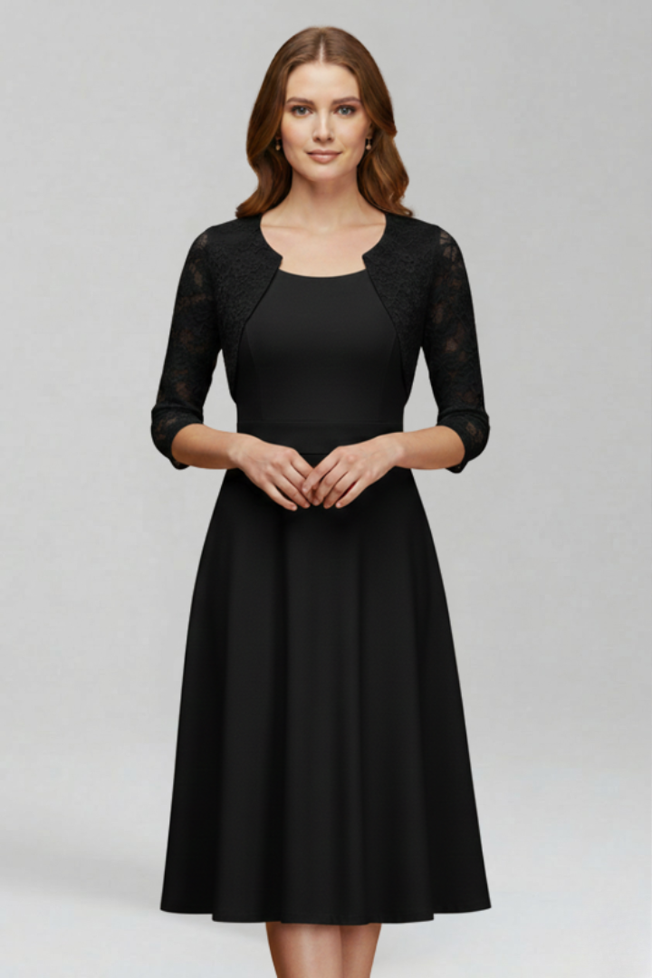 Women’s Midi Dress with Round Neckline and Lace Sleeves