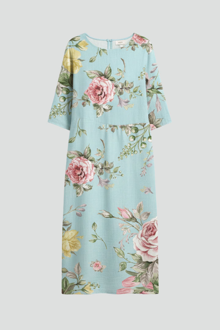 Women’s Midi Dress with Round Neckline and Floral Pattern