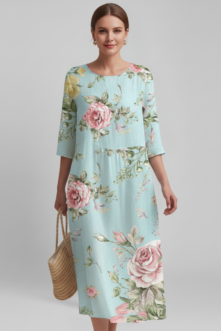 Women’s Midi Dress with Round Neckline and Floral Pattern