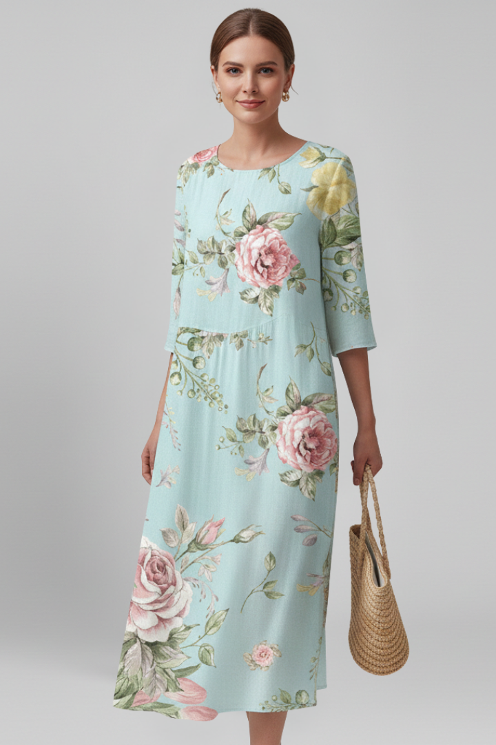 Women’s Midi Dress with Round Neckline and Floral Pattern