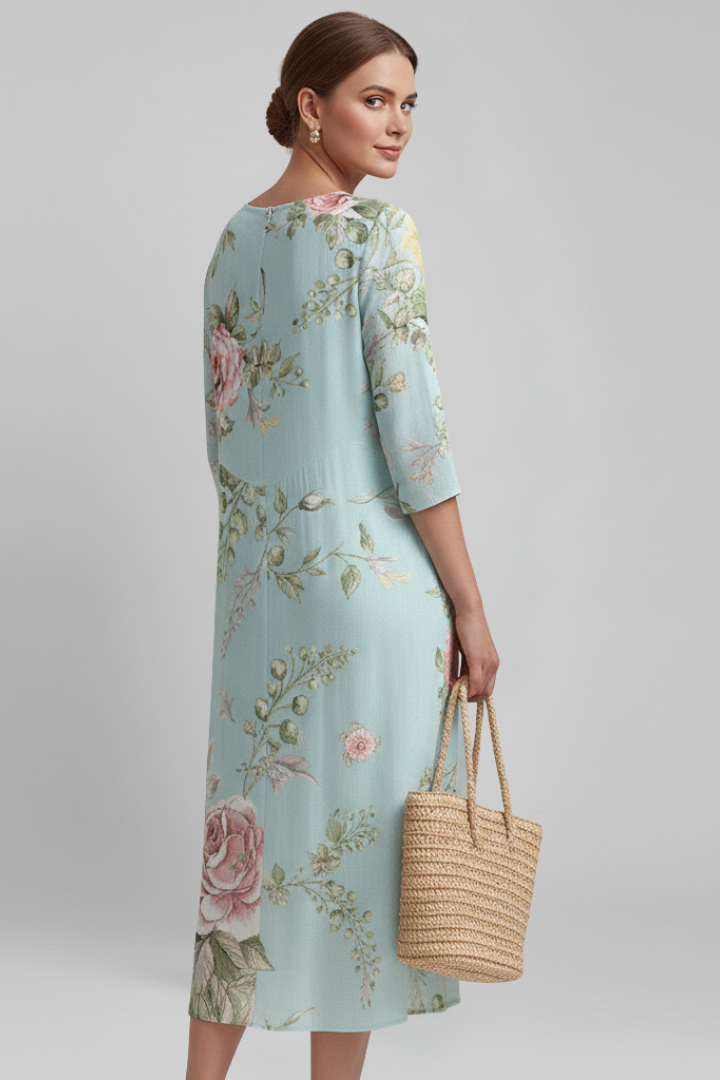 Women’s Midi Dress with Round Neckline and Floral Pattern