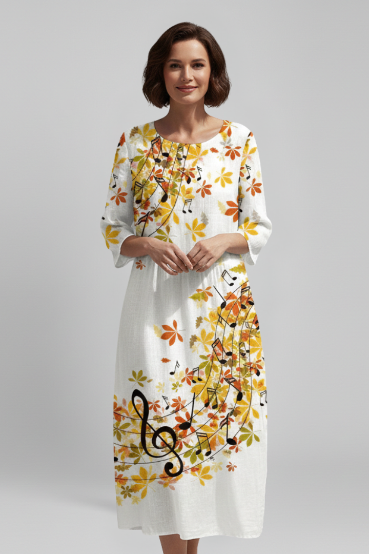 Women’s Midi Dress with Round Neckline and Floral Pattern