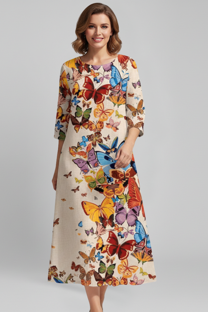 Women’s Midi Dress with Round Neckline and Floral Pattern