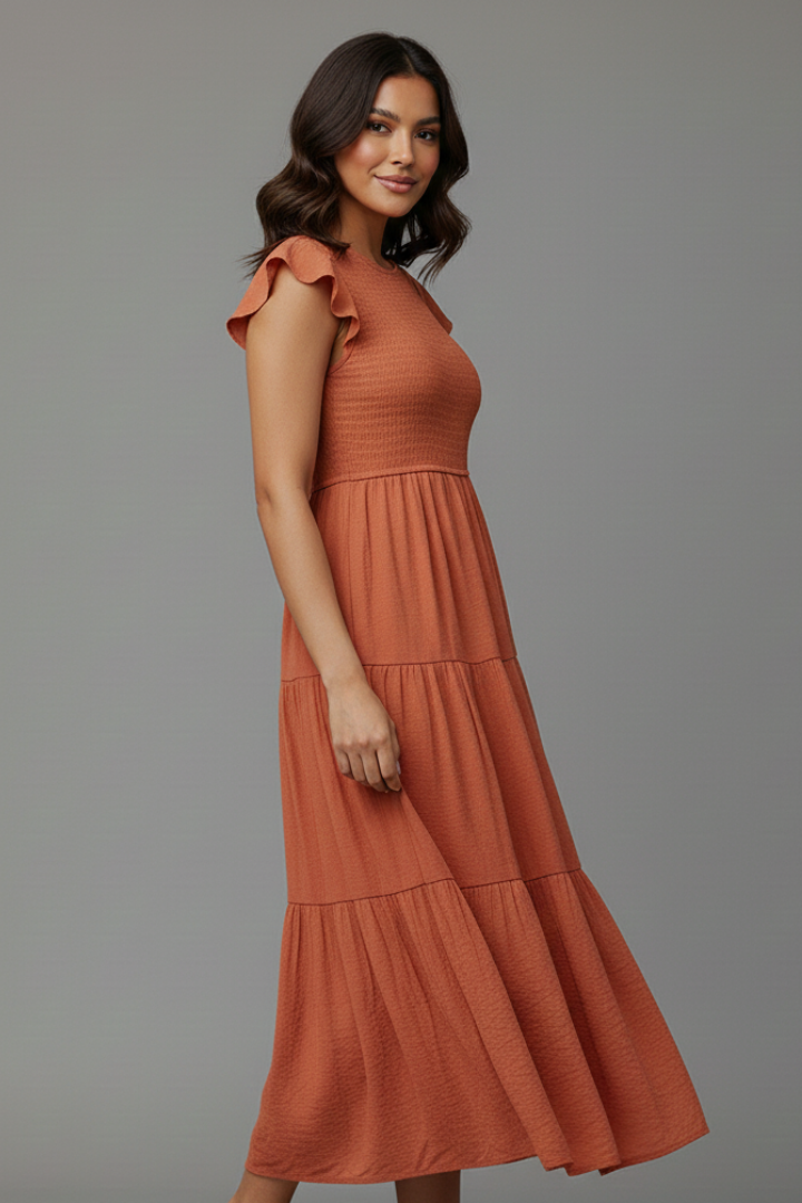 Women’s Midi Dress with Round Neckline and Short Sleeves