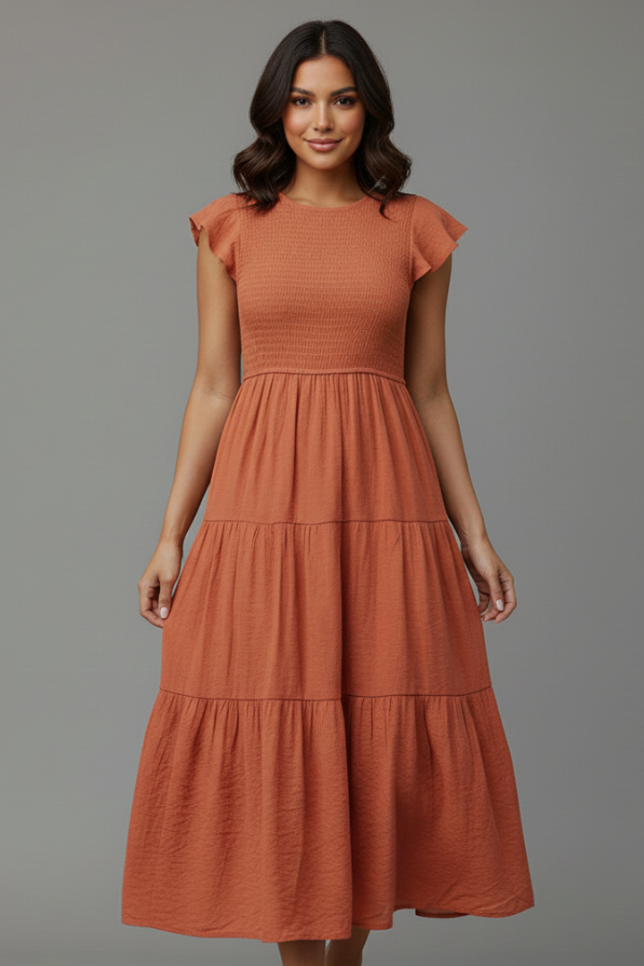 Women’s Midi Dress with Round Neckline and Short Sleeves