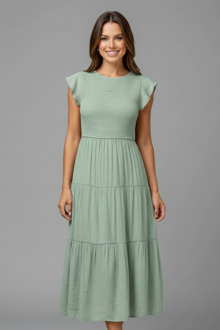 Women’s Midi Dress with Round Neckline and Short Sleeves