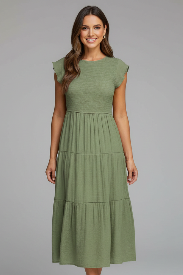 Women’s Midi Dress with Round Neckline and Short Sleeves