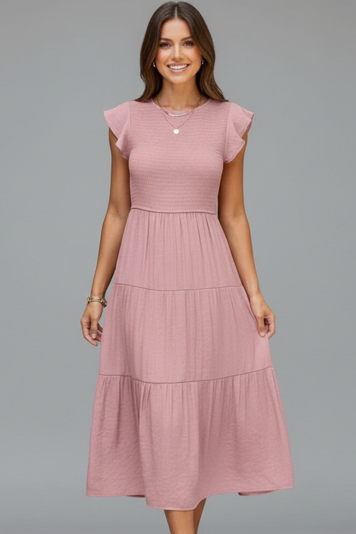 Women’s Midi Dress with Round Neckline and Short Sleeves