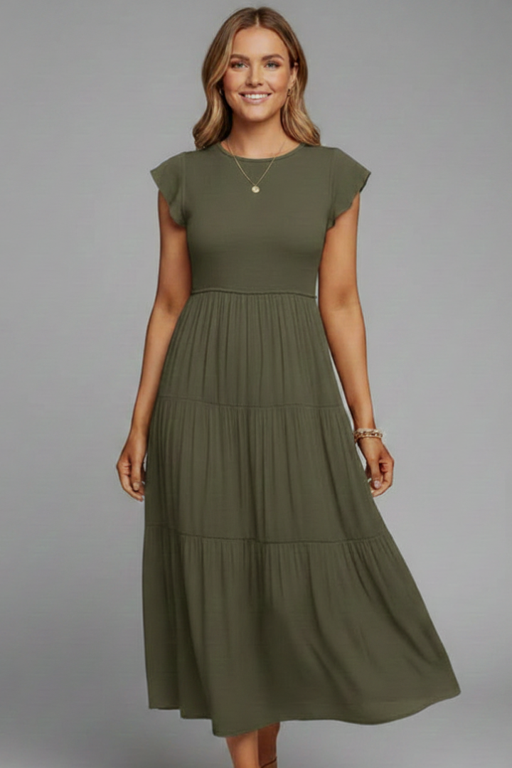 Women’s Midi Dress with Round Neckline and Short Sleeves