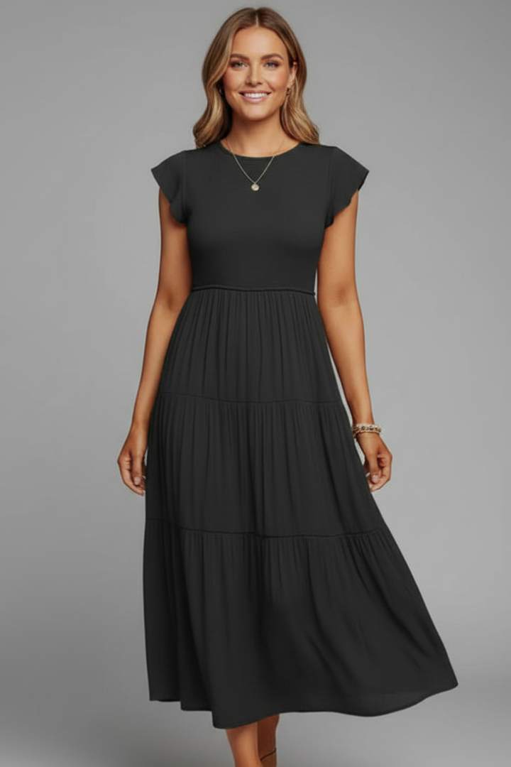 Women’s Midi Dress with Round Neckline and Short Sleeves