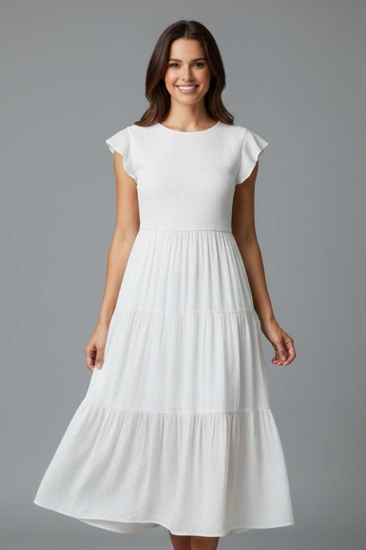 Women’s Midi Dress with Round Neckline and Short Sleeves