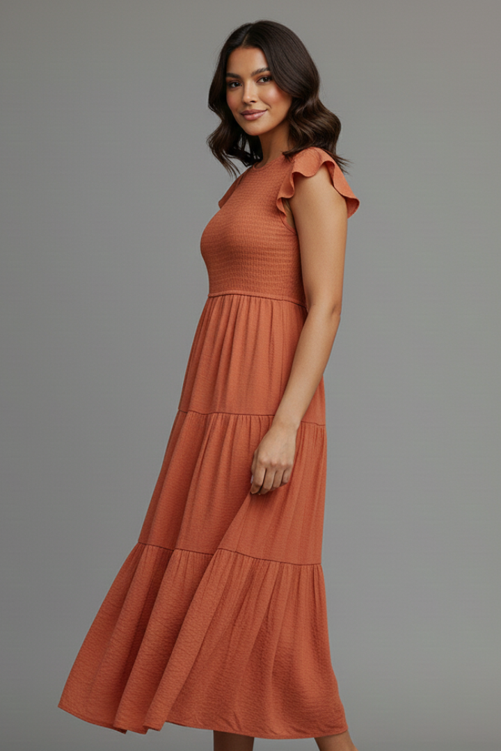 Women’s Midi Dress with Round Neckline and Short Sleeves