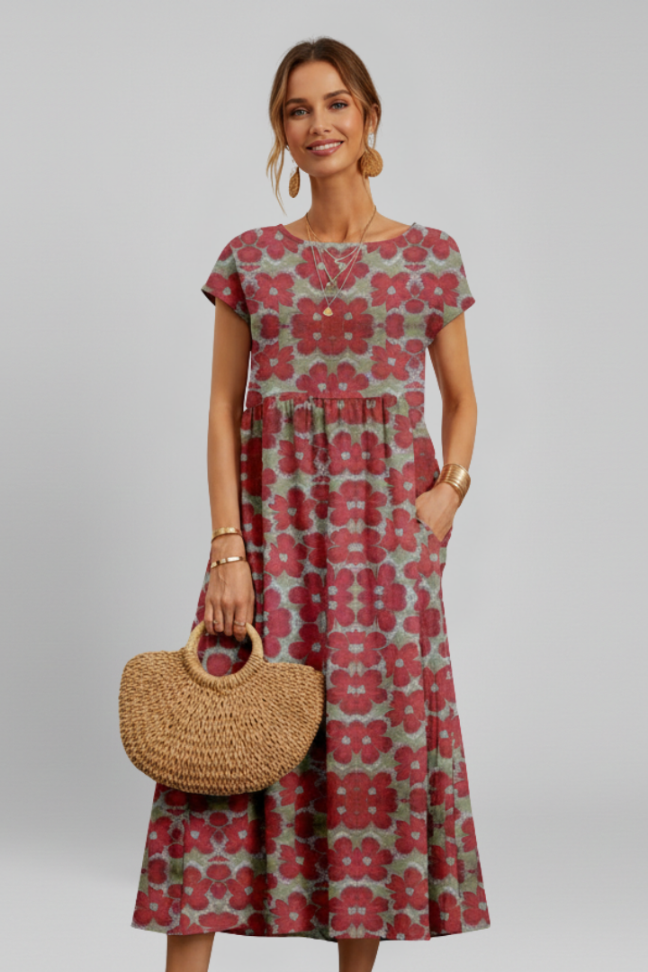 Women’s Midi Dress with Short Sleeves and Patterned Surface