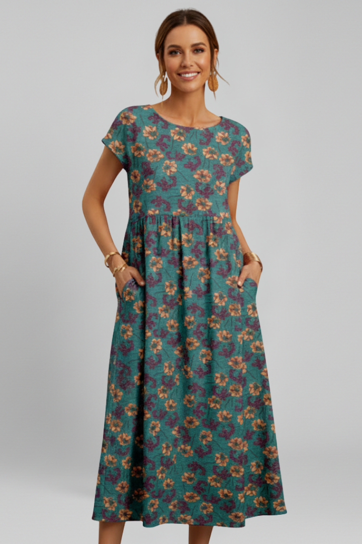Women’s Midi Dress with Short Sleeves and Patterned Surface