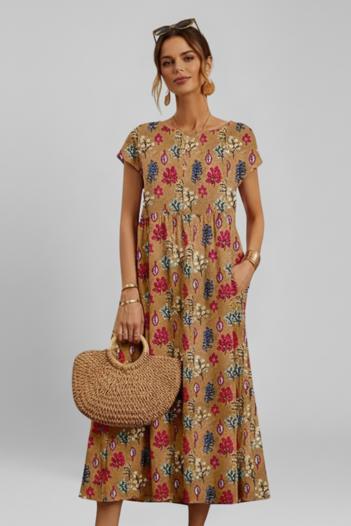 Women’s Midi Dress with Short Sleeves and Patterned Surface