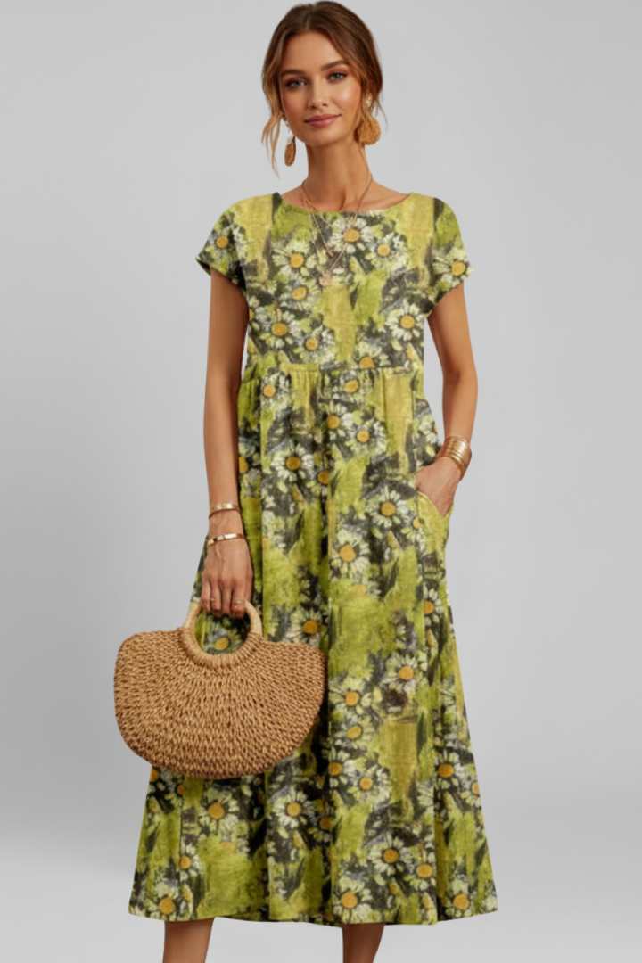 Women’s Midi Dress with Short Sleeves and Patterned Surface