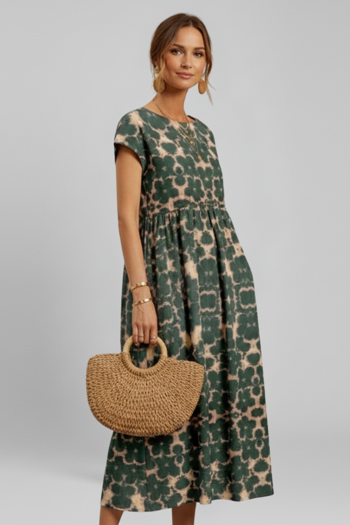 Women’s Midi Dress with Short Sleeves and Patterned Surface
