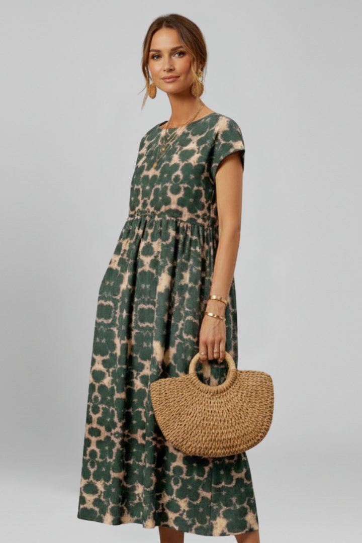 Women’s Midi Dress with Short Sleeves and Patterned Surface