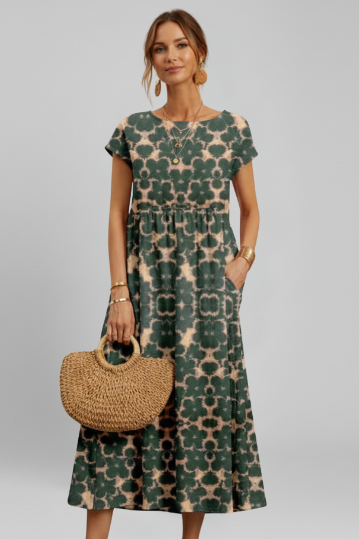Women’s Midi Dress with Short Sleeves and Patterned Surface