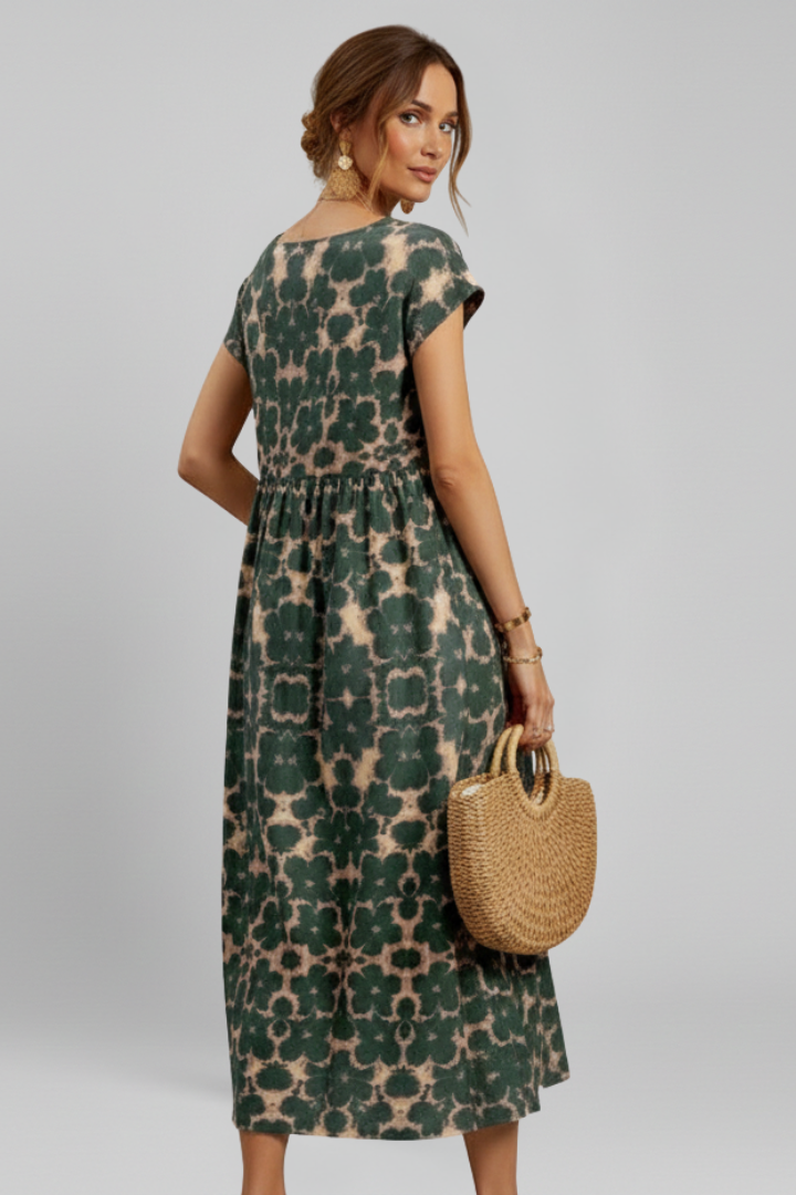Women’s Midi Dress with Short Sleeves and Patterned Surface