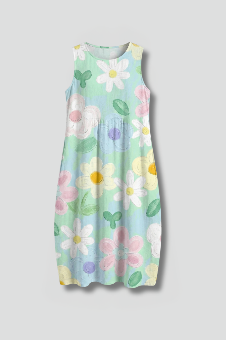 Women’s Midi Dress with Sleeveless Design and Floral Pattern