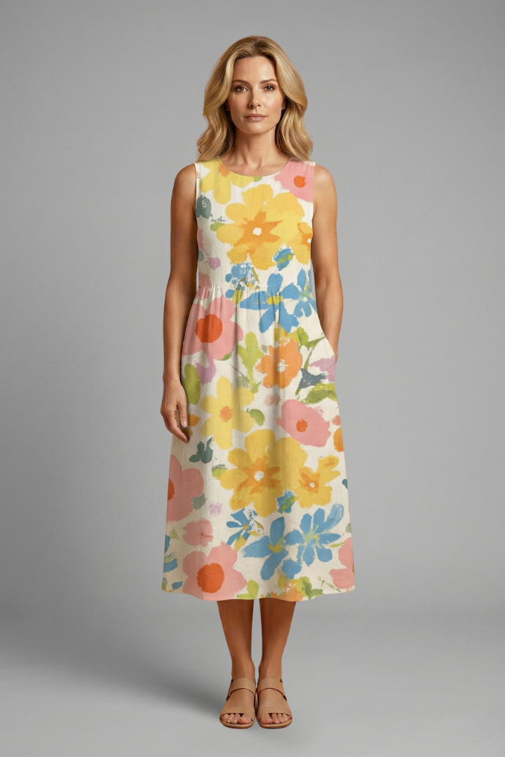 Women’s Midi Dress with Sleeveless Design and Floral Pattern