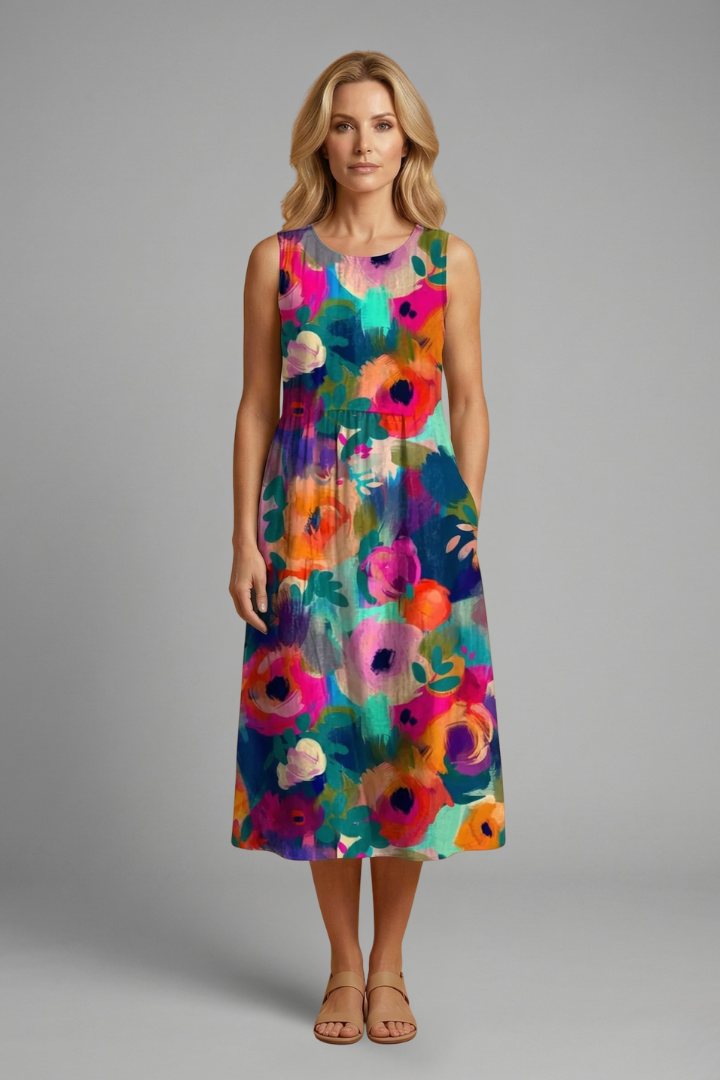Women’s Midi Dress with Sleeveless Design and Floral Pattern