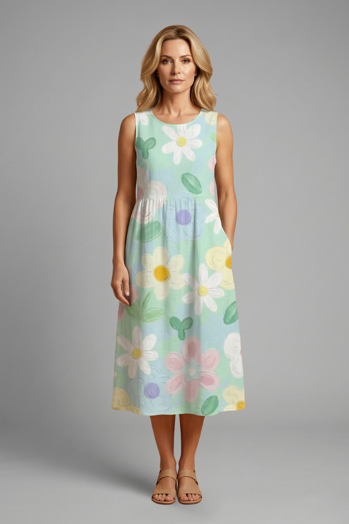 Women’s Midi Dress with Sleeveless Design and Floral Pattern