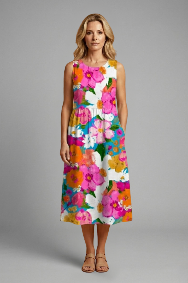 Women’s Midi Dress with Sleeveless Design and Floral Pattern