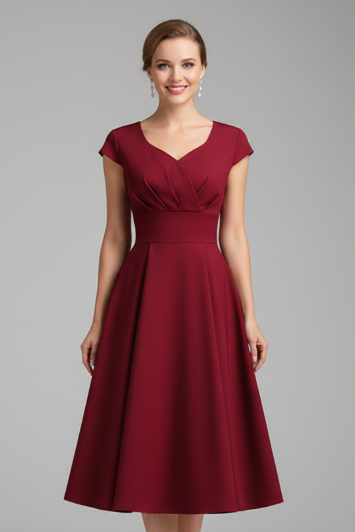 Women’s Midi Dress with V-Neck and Defined Waist