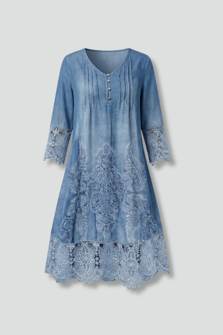 Women’s Midi Dress with V-Neck and Lace Hem