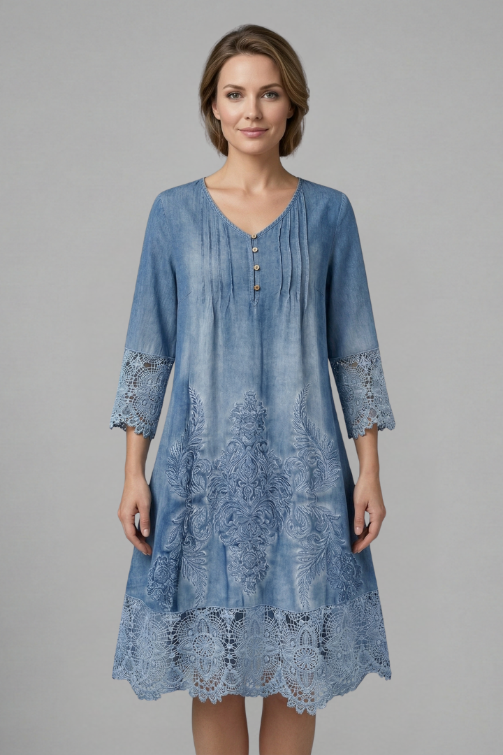 Women’s Midi Dress with V-Neck and Lace Hem