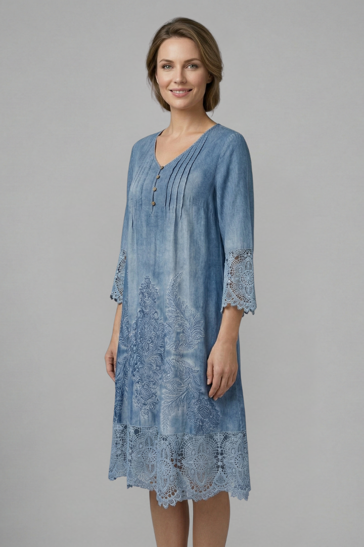 Women’s Midi Dress with V-Neck and Lace Hem