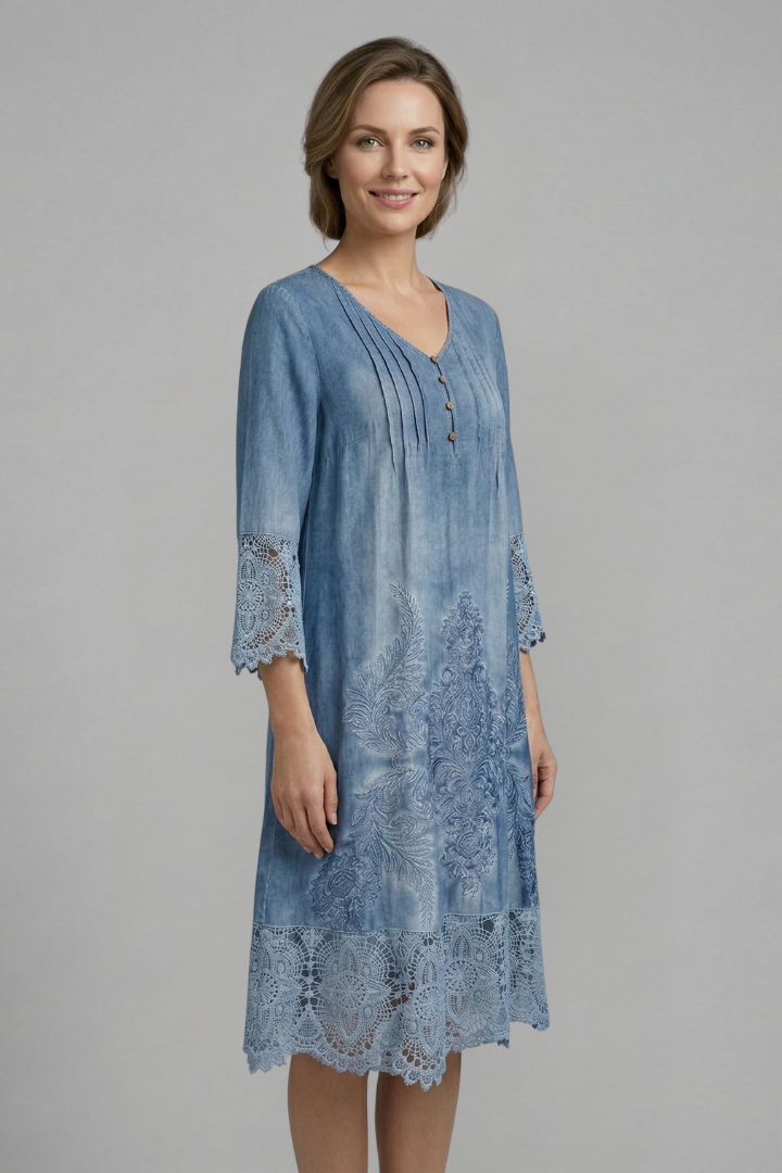 Women’s Midi Dress with V-Neck and Lace Hem