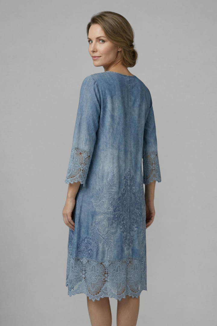 Women’s Midi Dress with V-Neck and Lace Hem