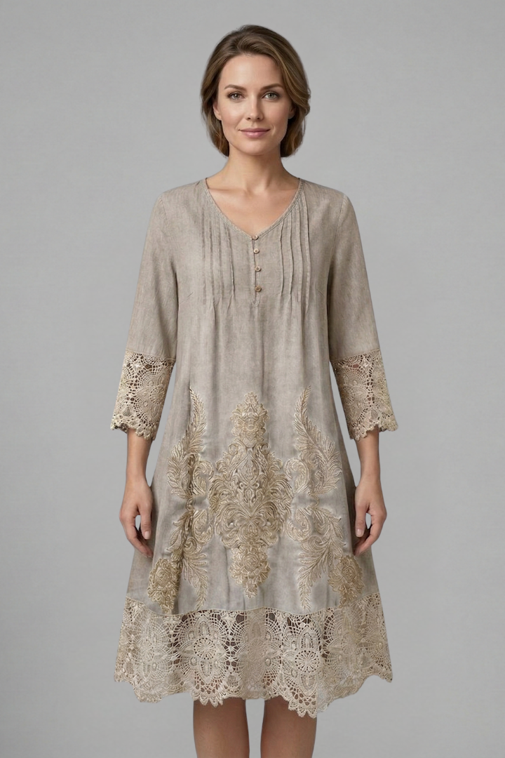 Women’s Midi Dress with V-Neck and Lace Hem