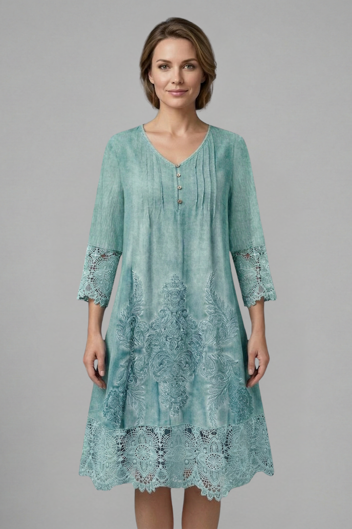 Women’s Midi Dress with V-Neck and Lace Hem