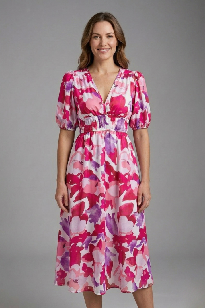 Women’s Midi Dress with V-Neck and Short Sleeves